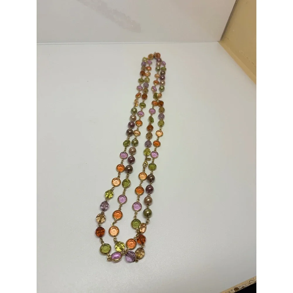 Multi Color Crystal Faux Pearl Long Station Necklace Gold Tone 42 Inch
